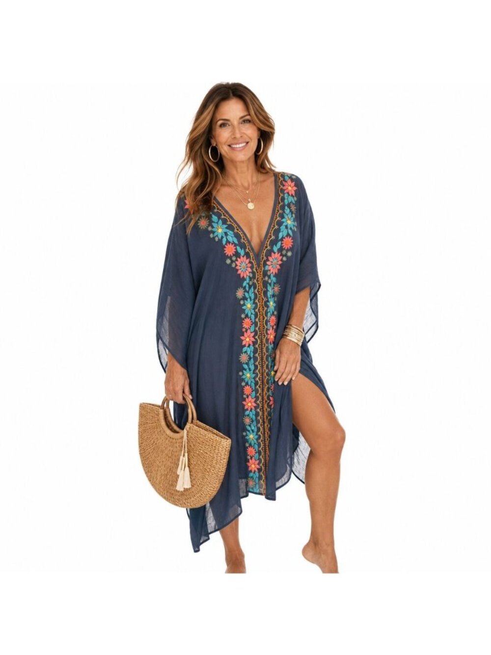 ONeill Boho Embroidered Tunic Top Swim Cover Women M/L Navy Floral V-Neck Beach